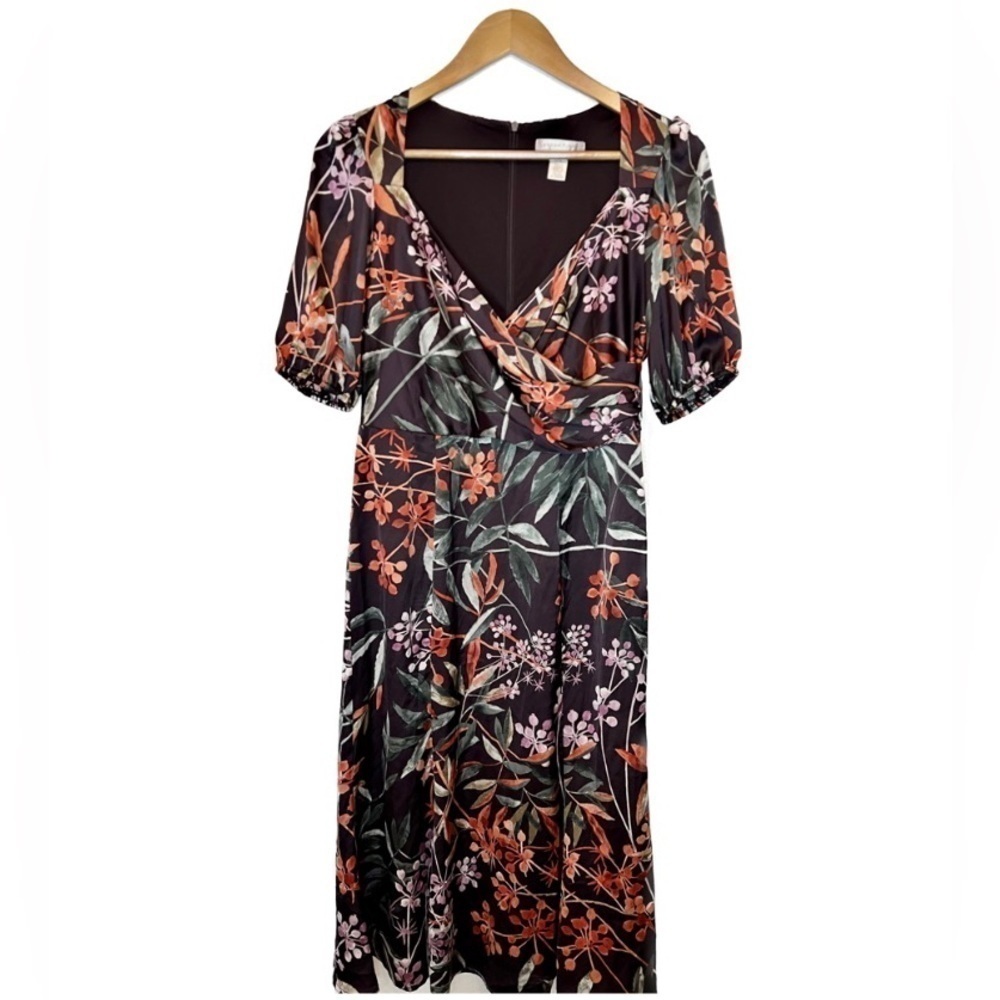 London Times‎ Burgandy Floral Satin Faux Wrap Dress Bloused Sleeves Sz 4 NWT